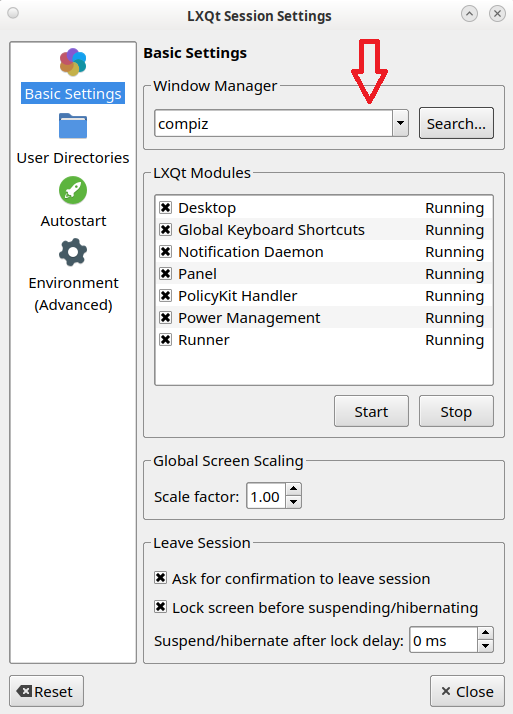 LXQt Session Settings menu with compiz selected in drop-down menu