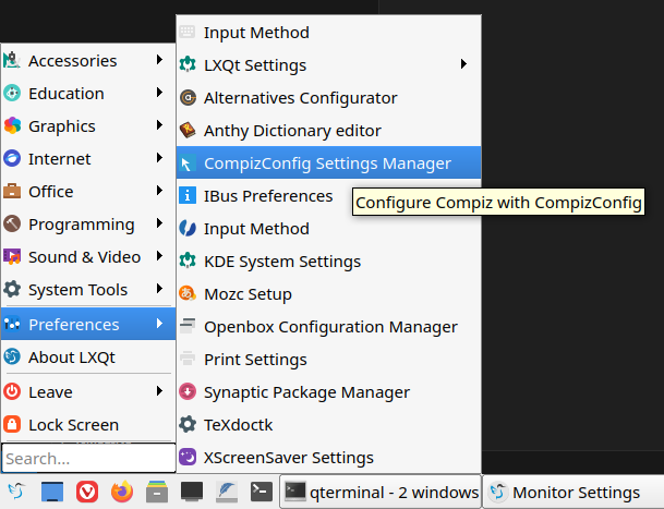 Showing launching the CompizConfig settings manager by selecting it from preferences in the application launcher