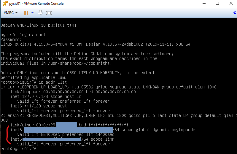 Screenshot: Debian 10: IP addr list shows IPv6 addresses only for the main network connection