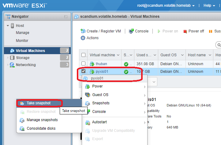 Screenshot: VMWare ESXi - Select VM and choose Snapshots -> Take snapshot